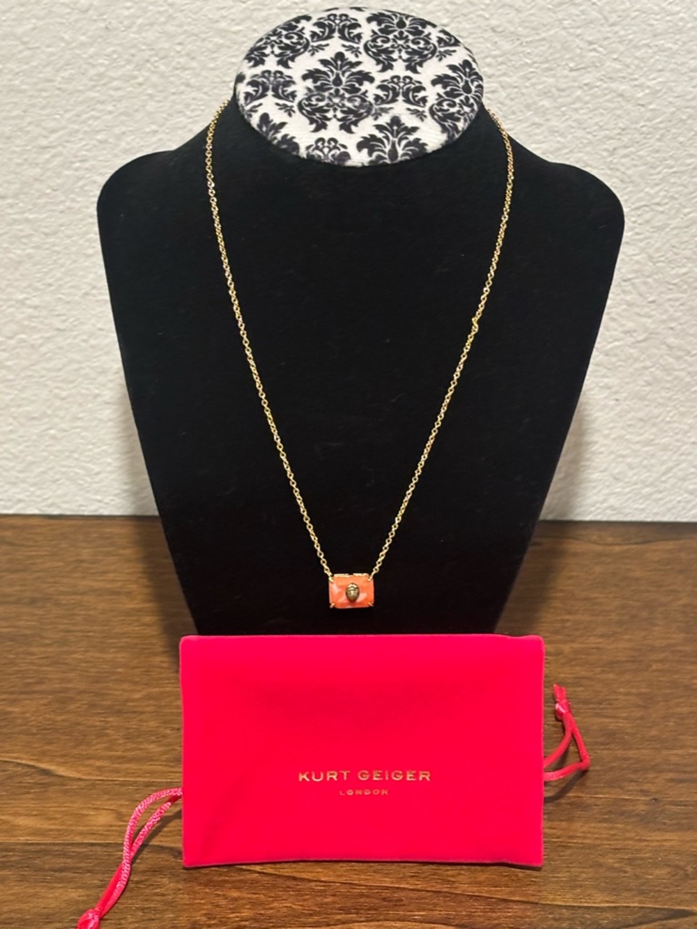 Kurt Geiger Gold Chain Necklace with Coral Square Pendant